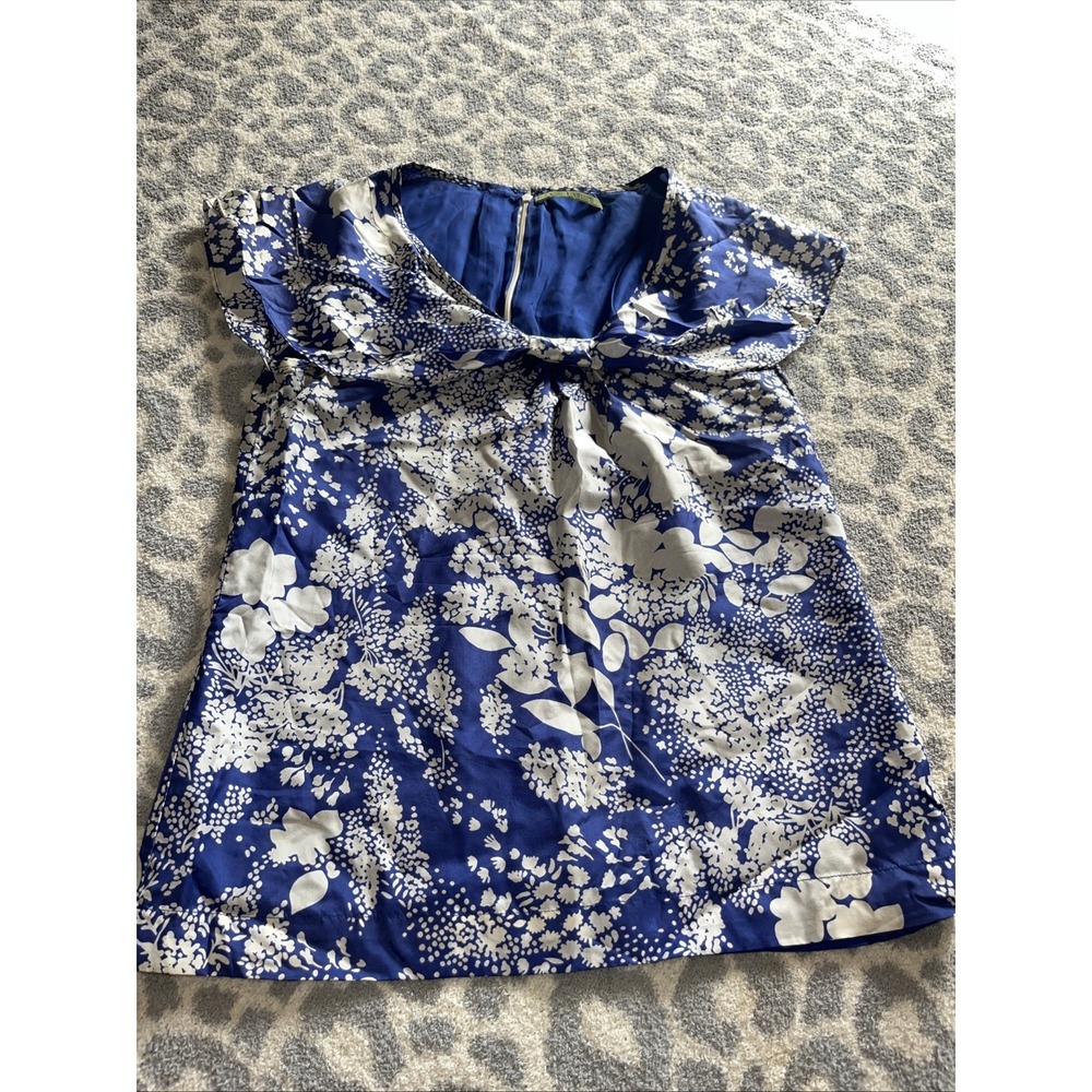Velvet 100% Silk Blouse S Blue White Floral Bow Front V Neck Back Zip USA